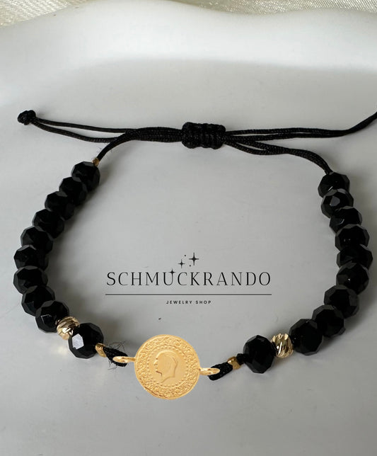 Armband Makrome mit schwarzen Kristall-Perlen mit 22k Münze Ceyrek/Reshat