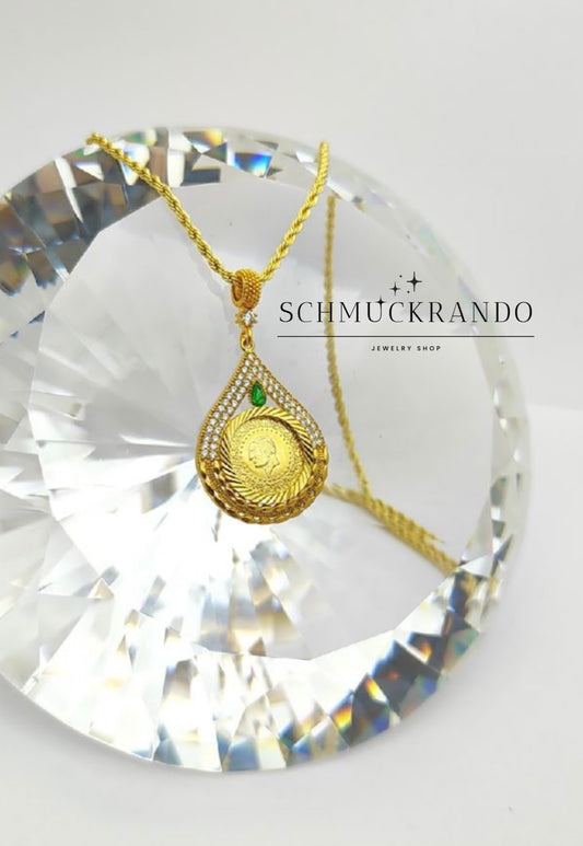 Kordelkette mit Ceyrek Anhänger Tropfenform in 50cm 22k Vergoldet Zirkonia Steine