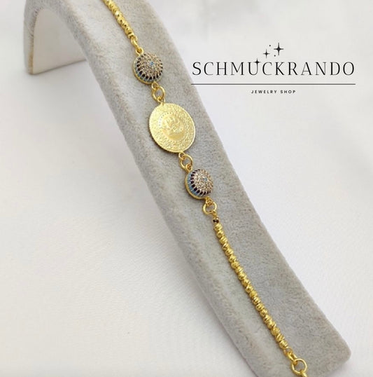 Dorika-Armband mit 22k vergoldete Ceyrek Münze und Nazar Amulett aus Zirkonia Steinen
