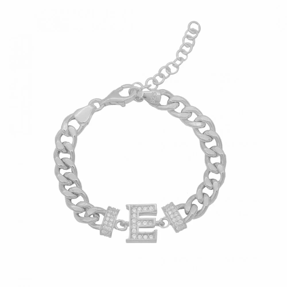 Armband mit Wunschbuchstaben mit Zirkonia Steinen in 925er Silber Panzer