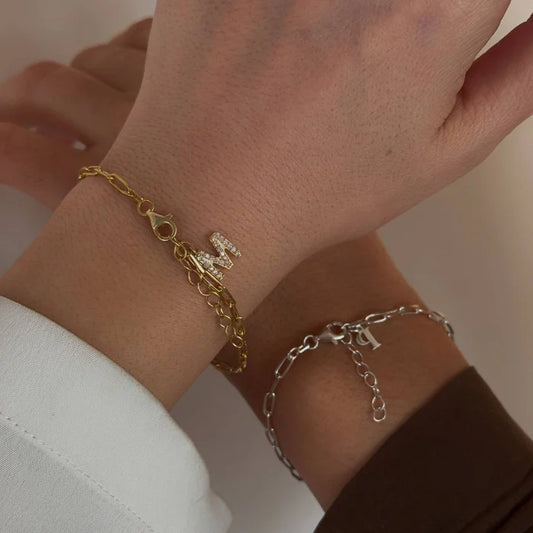 Amband in 925er Silber als Paar Partnerarmband vergoldet mit Wunschbuchstabe