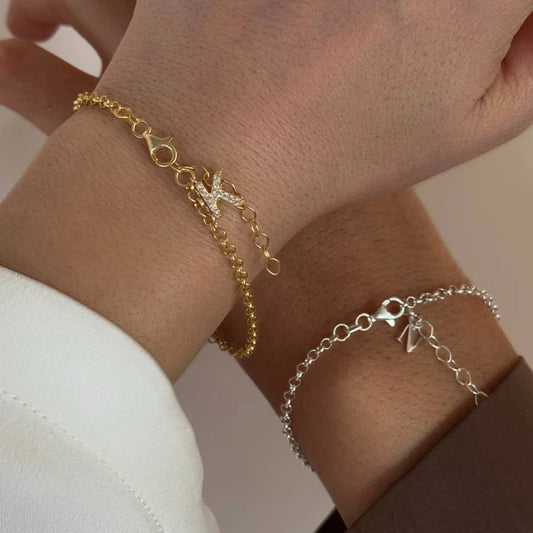 Erbsenmuster-Amband in 925er Silber als Paar Partnerarmband vergoldet mit Wunschbuchstabe