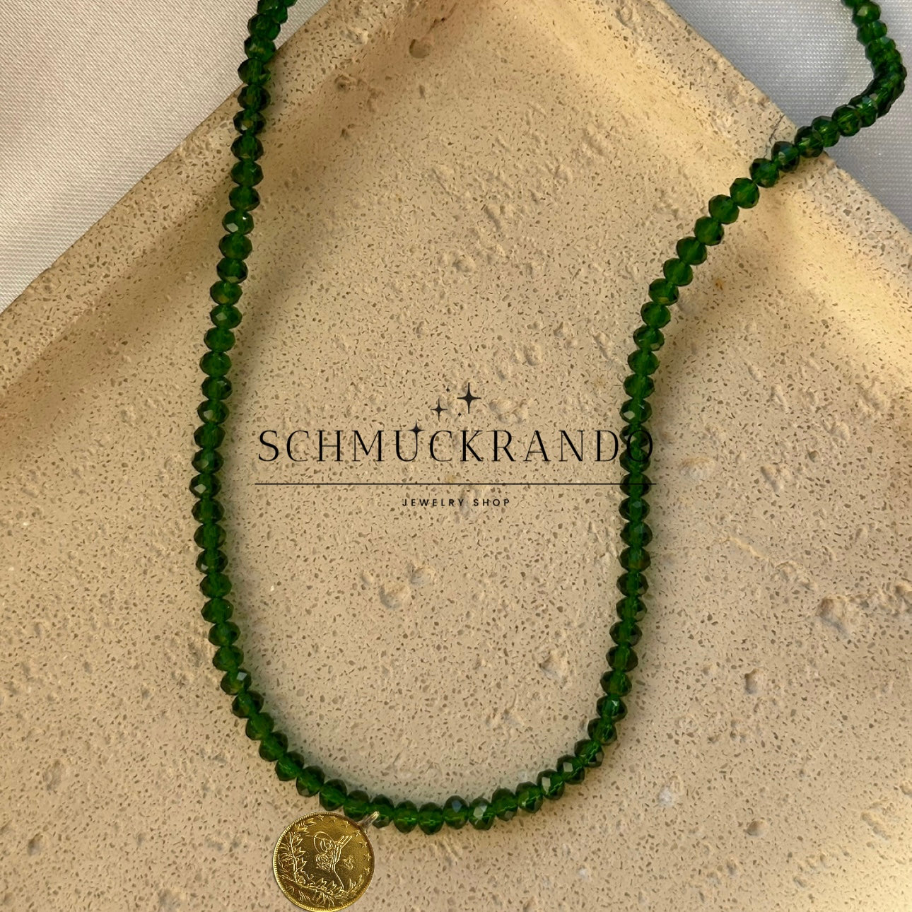 Grüne Kristalperlen-Kette mit Resat Münze 22k Lira, Reshadiye