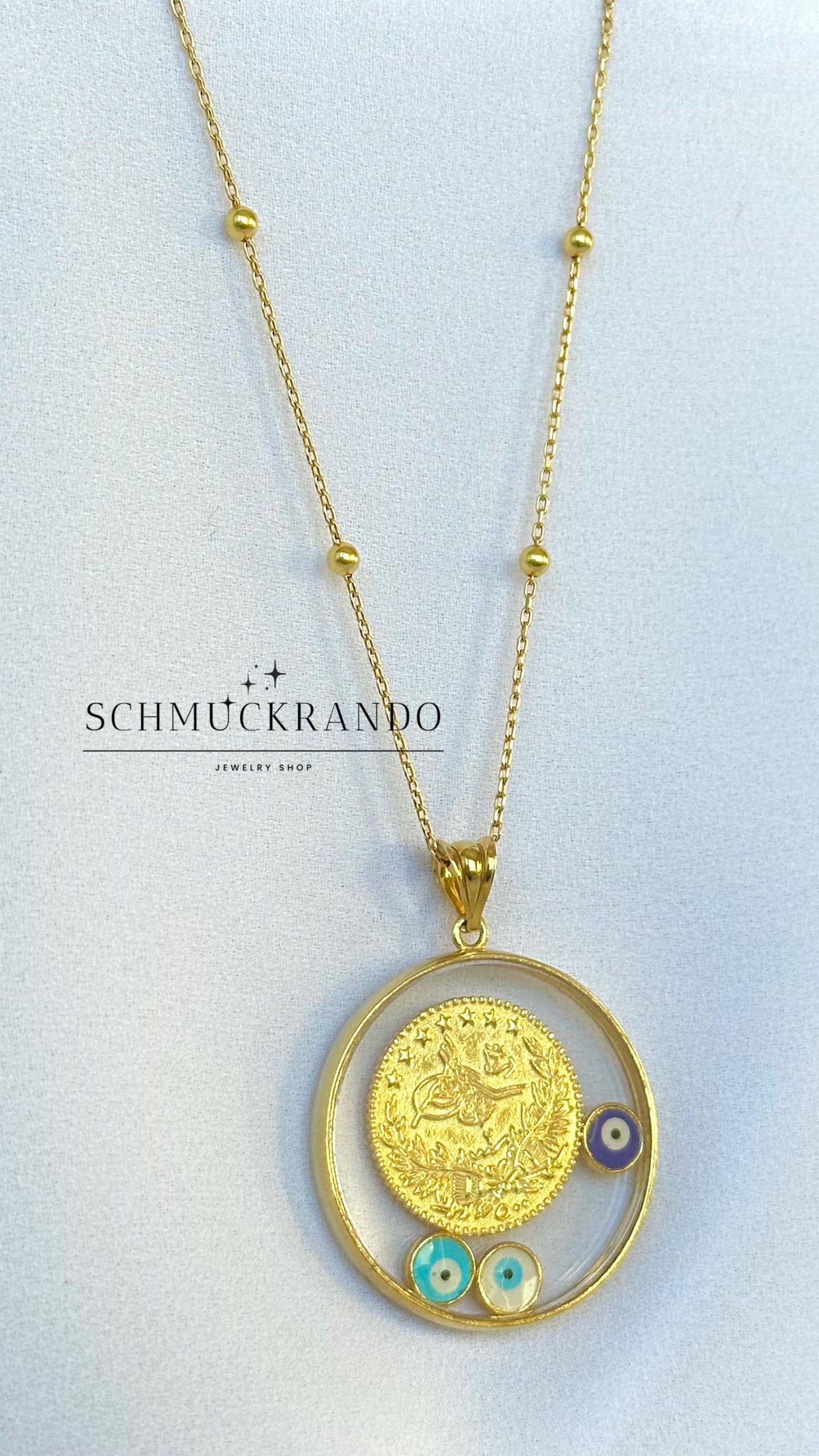 Kette mit Anhänger in 925er Silber 18k vergoldet Resat Münze mit Nazar Amuletten