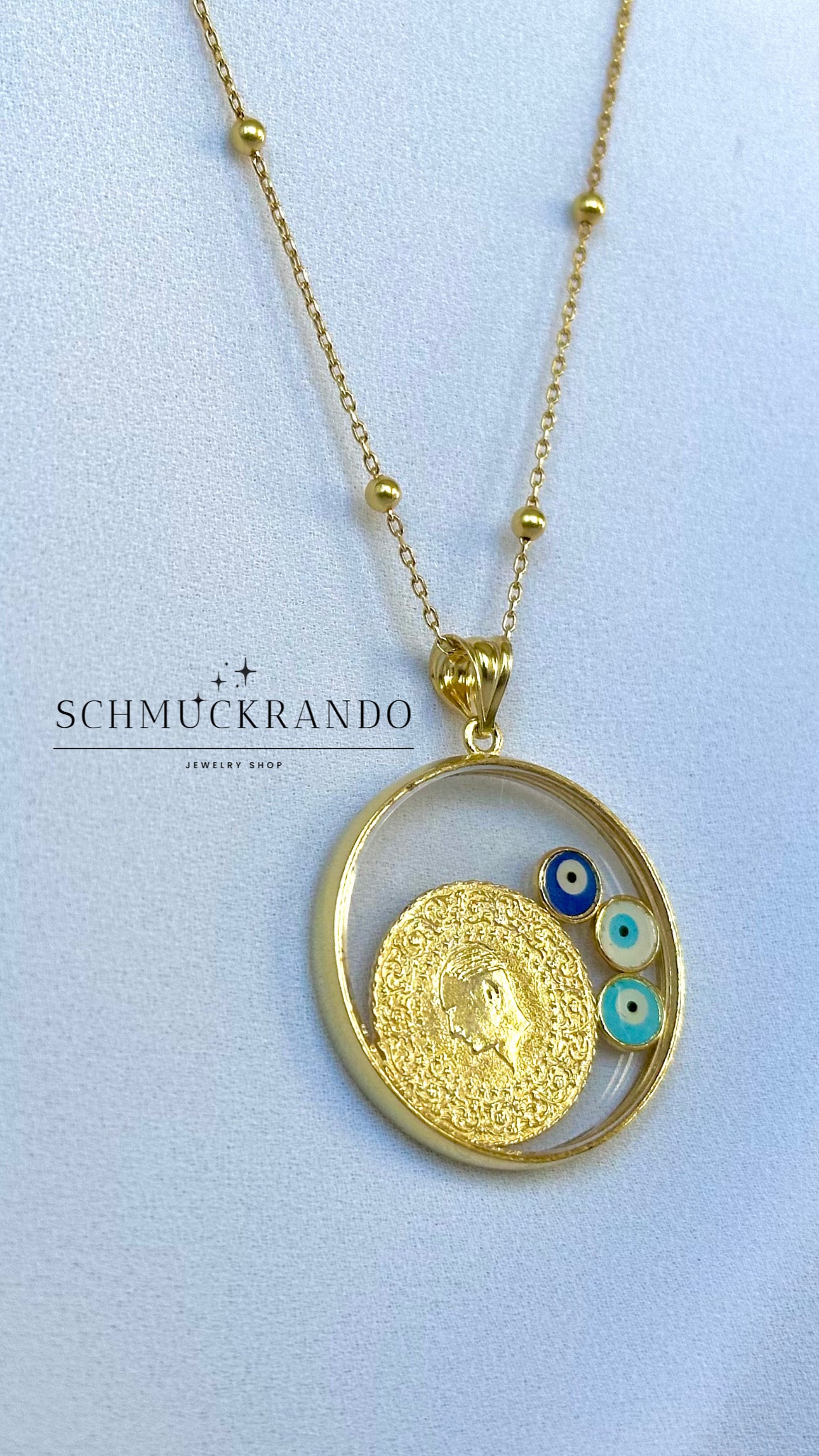 Kette mit Anhänger in 925er Silber 18k vergoldet Ceyrek Münze mit Nazar Amuletten