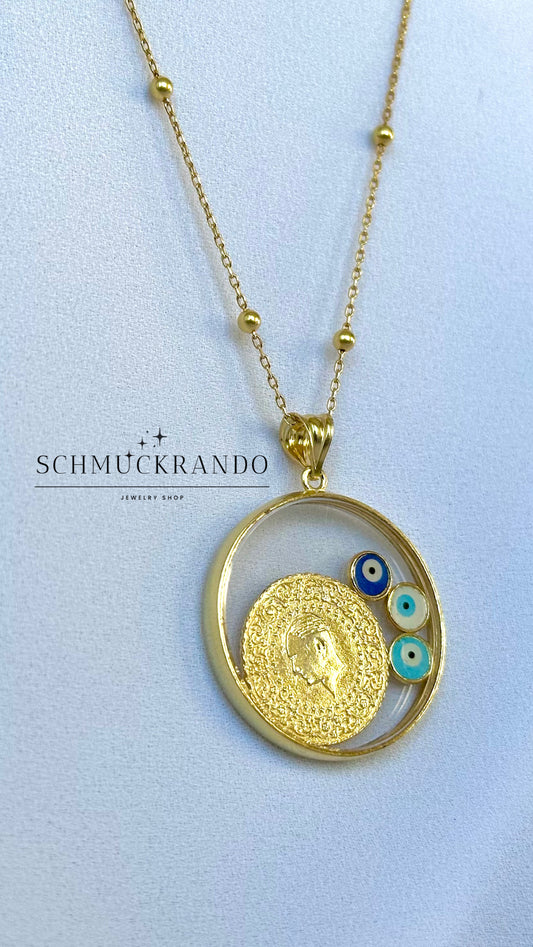 Kette mit Anhänger in 925er Silber 18k vergoldet Ceyrek Münze mit Nazar Amuletten