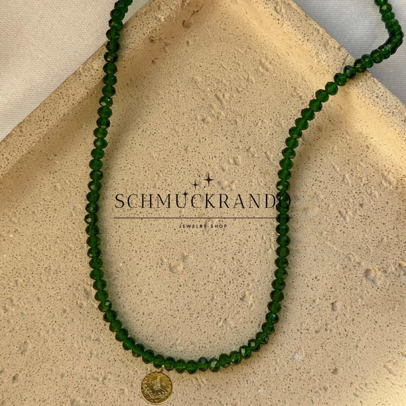 Grüne Kristalperlen-Kette mit Resat Münze 22k Lira, Reshadiye