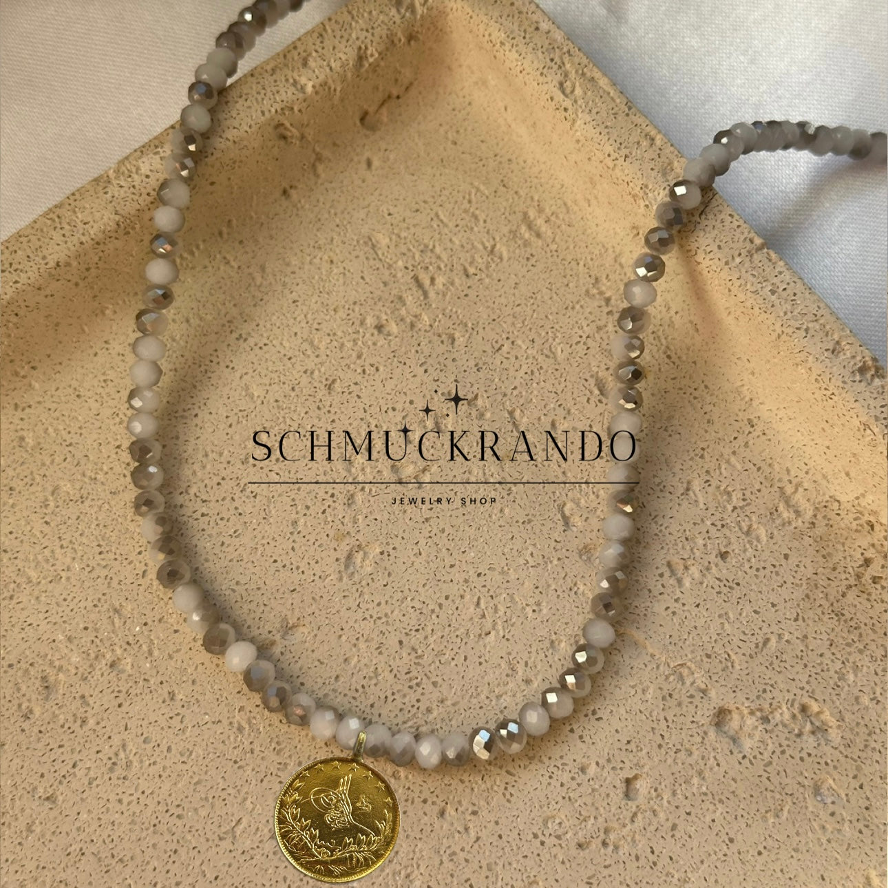 Graue Kristalperlen-Kette mit Resat Münze 22k Lira, Reshadiye