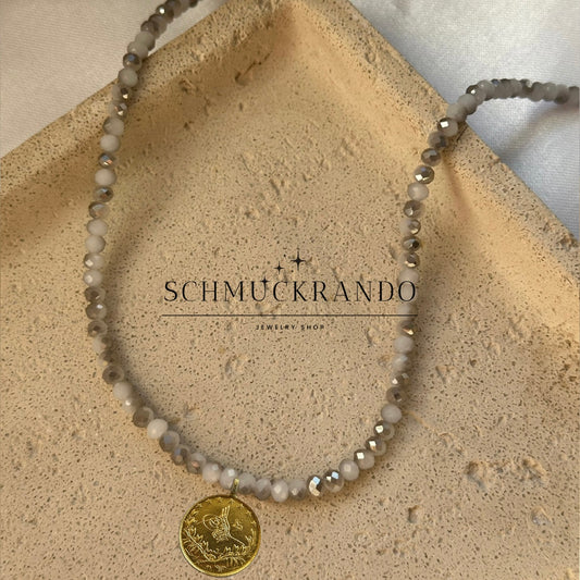 Graue Kristalperlen-Kette mit Resat Münze 22k Lira, Reshadiye