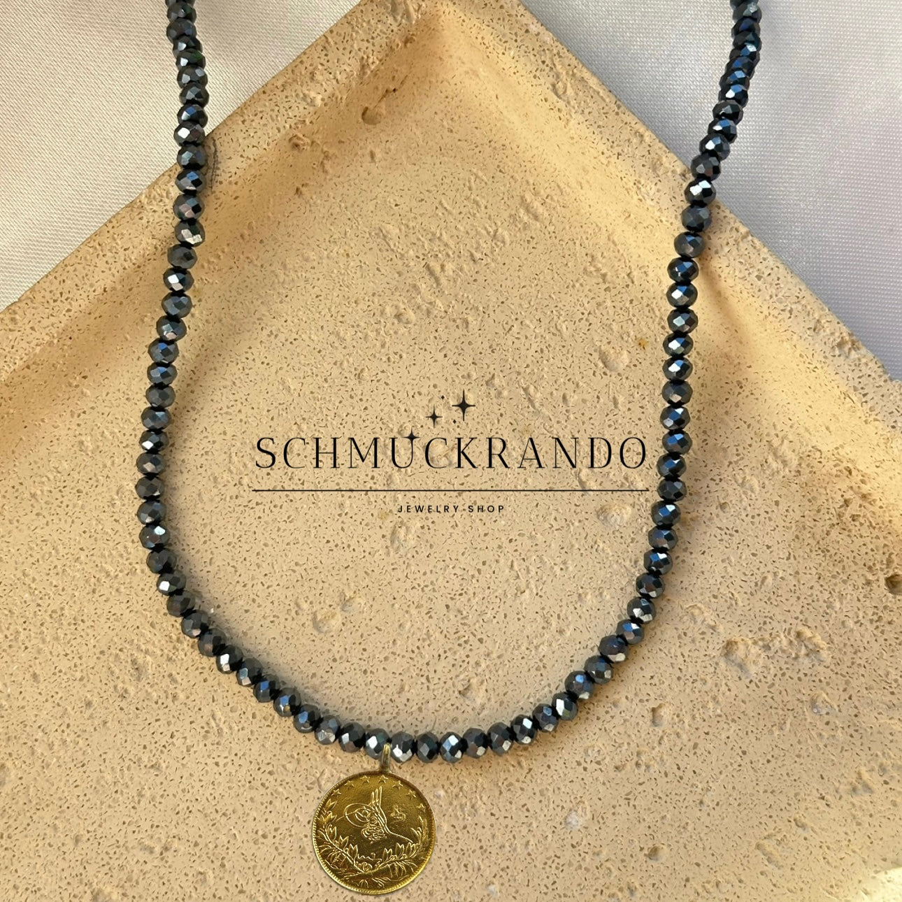 Dunkel Blaue Kristalperlen-Kette mit Resat Münze 22k Lira, Reshadiye