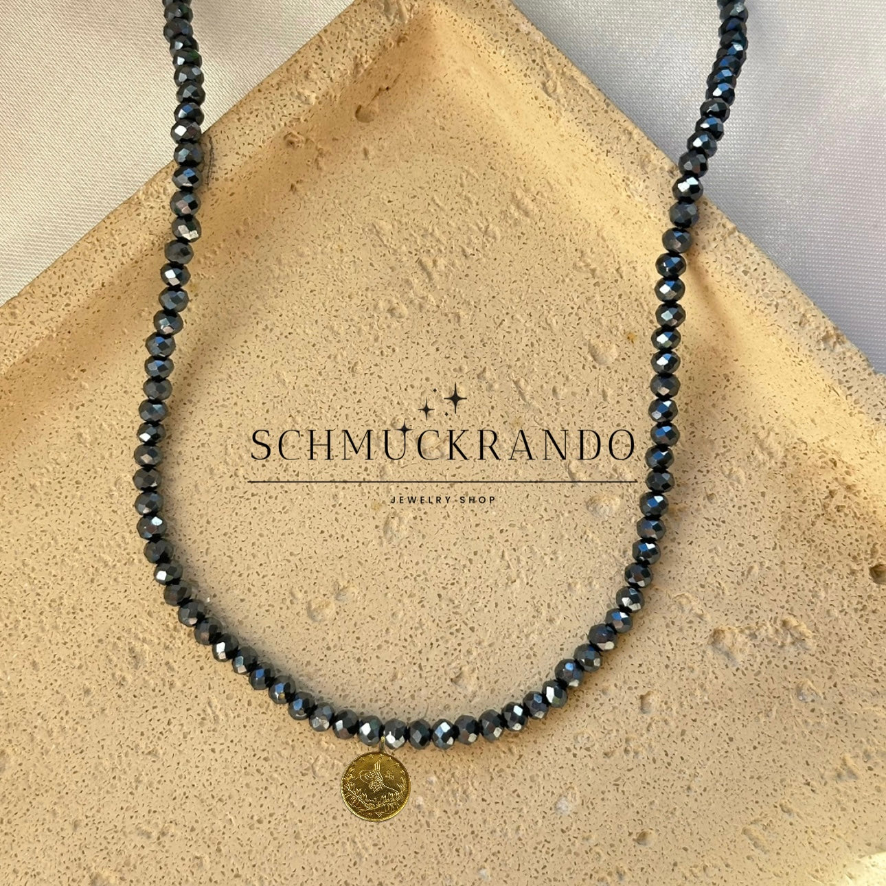 Dunkel Blaue Kristalperlen-Kette mit Resat Münze 22k Lira, Reshadiye