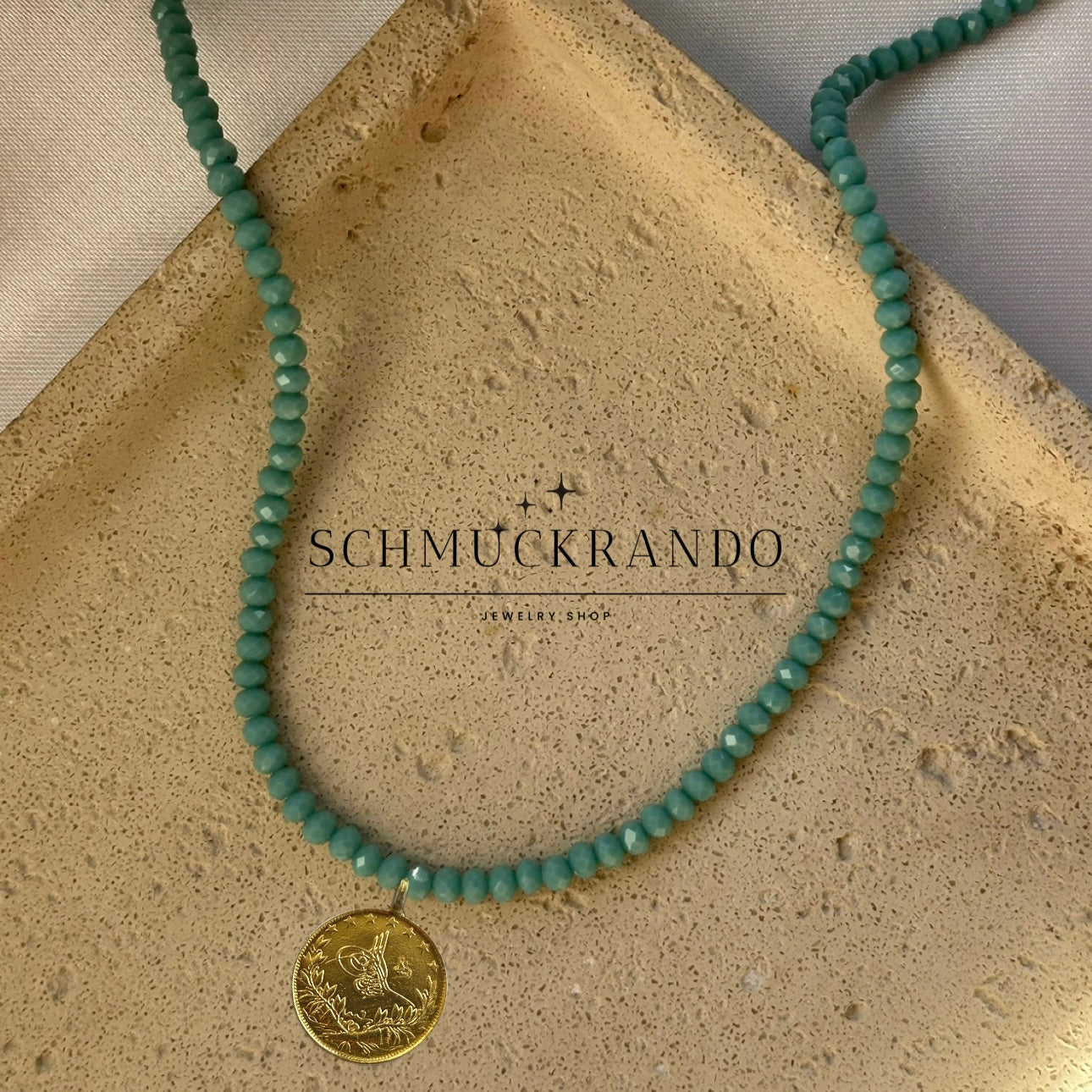 Hellblau Kristalperlen-Kette mit Resat Münze 22k Lira, Reshadiye