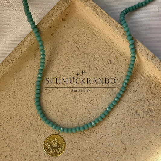 Hellblau Kristalperlen-Kette mit Resat Münze 22k Lira, Reshadiye