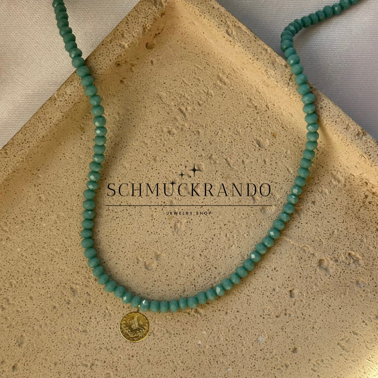 Hellblau Kristalperlen-Kette mit Resat Münze 22k Lira, Reshadiye