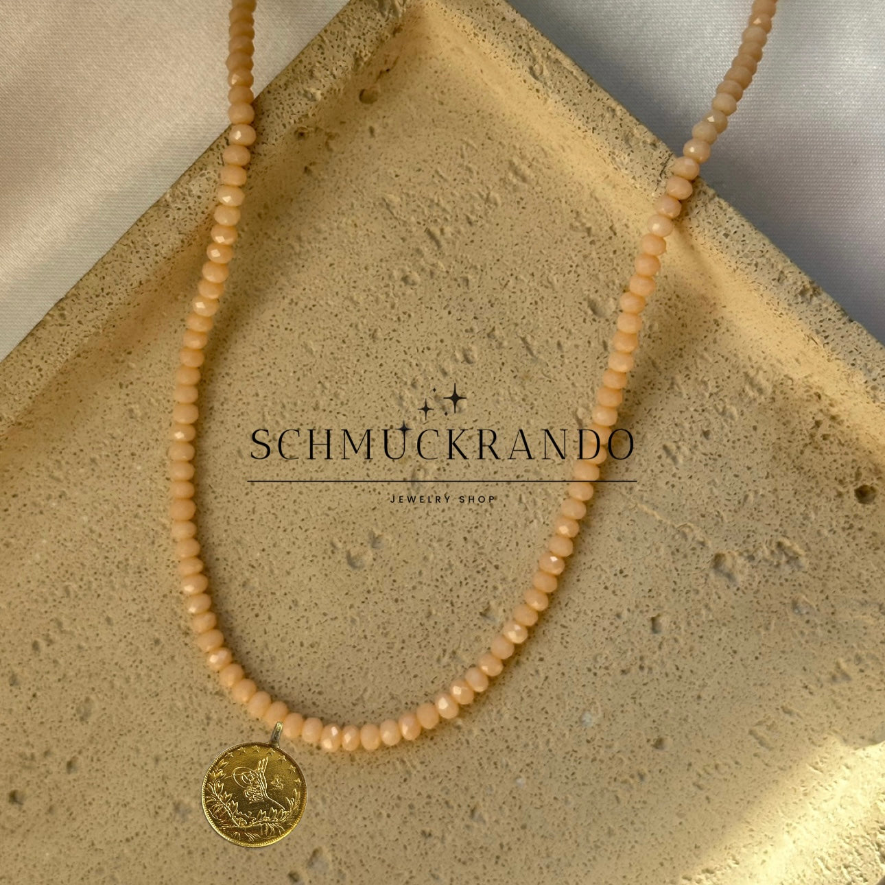 Beige Kristalperlen-Kette mit Resat Münze 22k Lira, Reshadiye