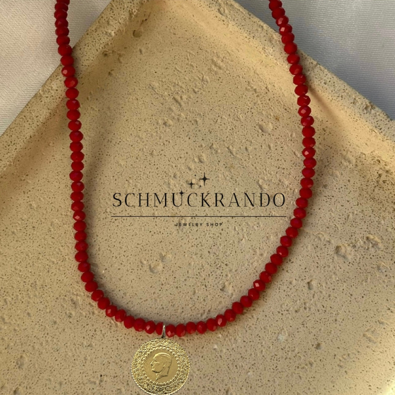 Rote Kristalperlen-Kette mit Goldmünze Cumhuriyet Altin Münze 22k Lira, Piaster