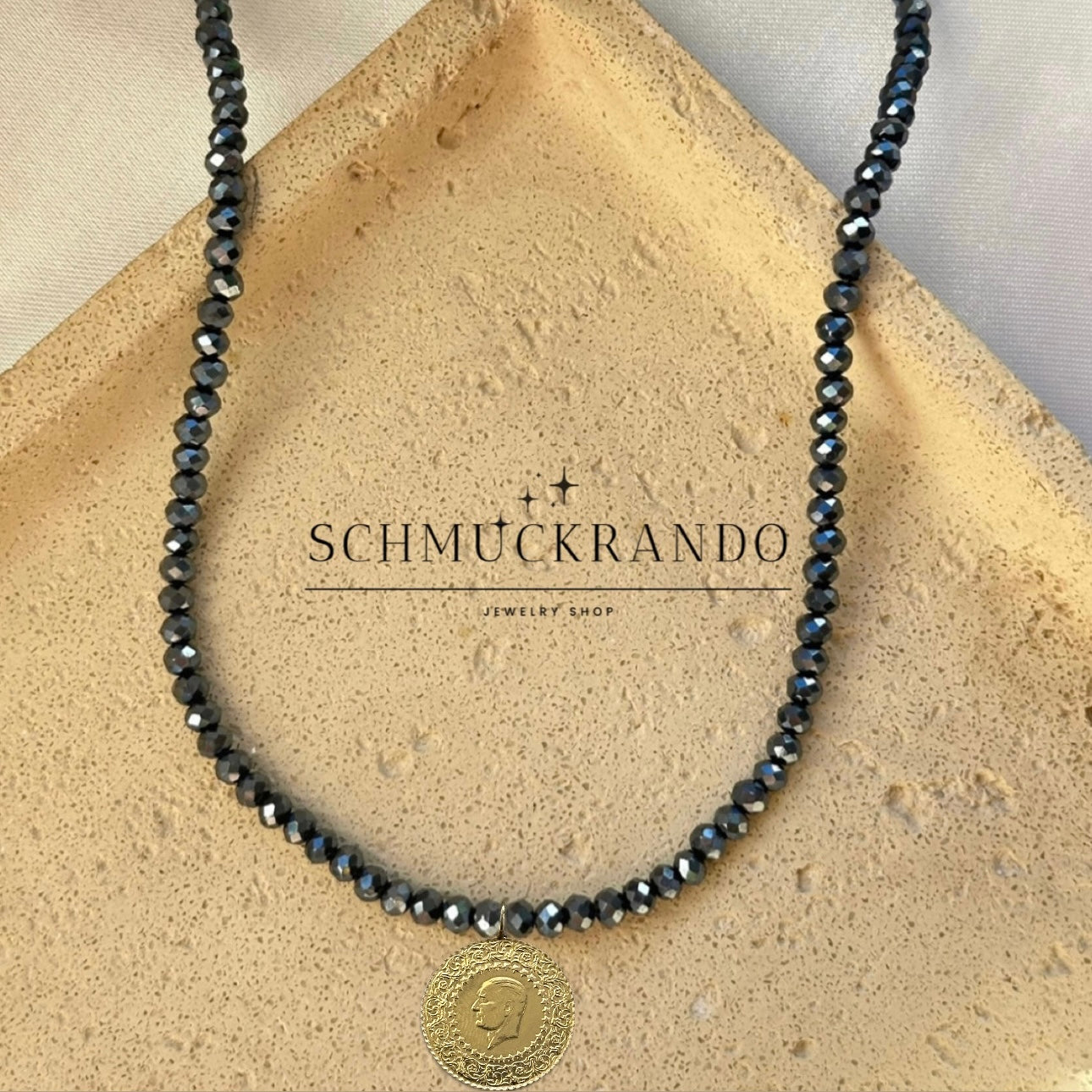 Dunkel Blaue Kristalperlen-Kette mit Goldmünze Cumhuriyet Altin Münze 22k Lira, Piaster