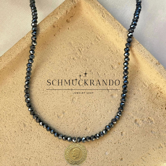 Dunkel Blaue Kristalperlen-Kette mit Goldmünze Cumhuriyet Altin Münze 22k Lira, Piaster