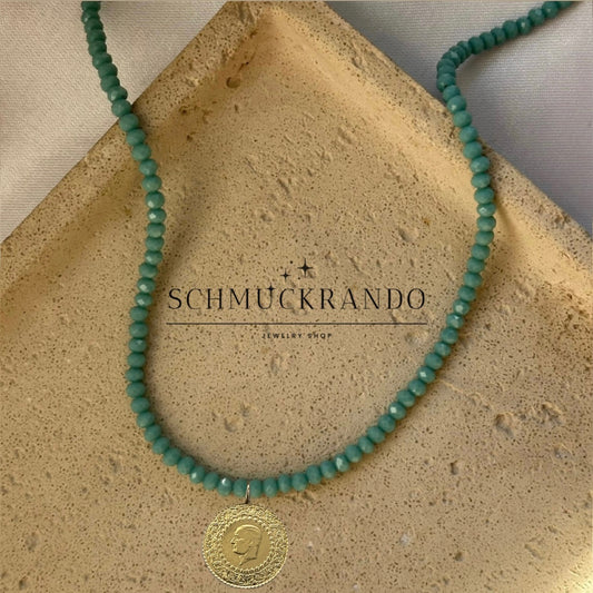 Hellblau Kristalperlen-Kette mit Goldmünze Cumhuriyet Altin Münze 22k Lira, Piaster