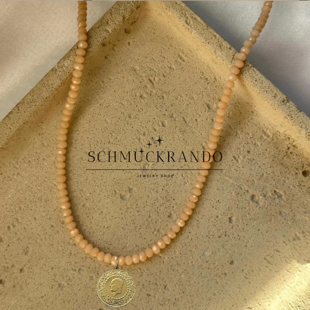 Beige Kristalperlen-Kette mit Goldmünze Cumhuriyet Altin Münze 22k Lira, Piaster