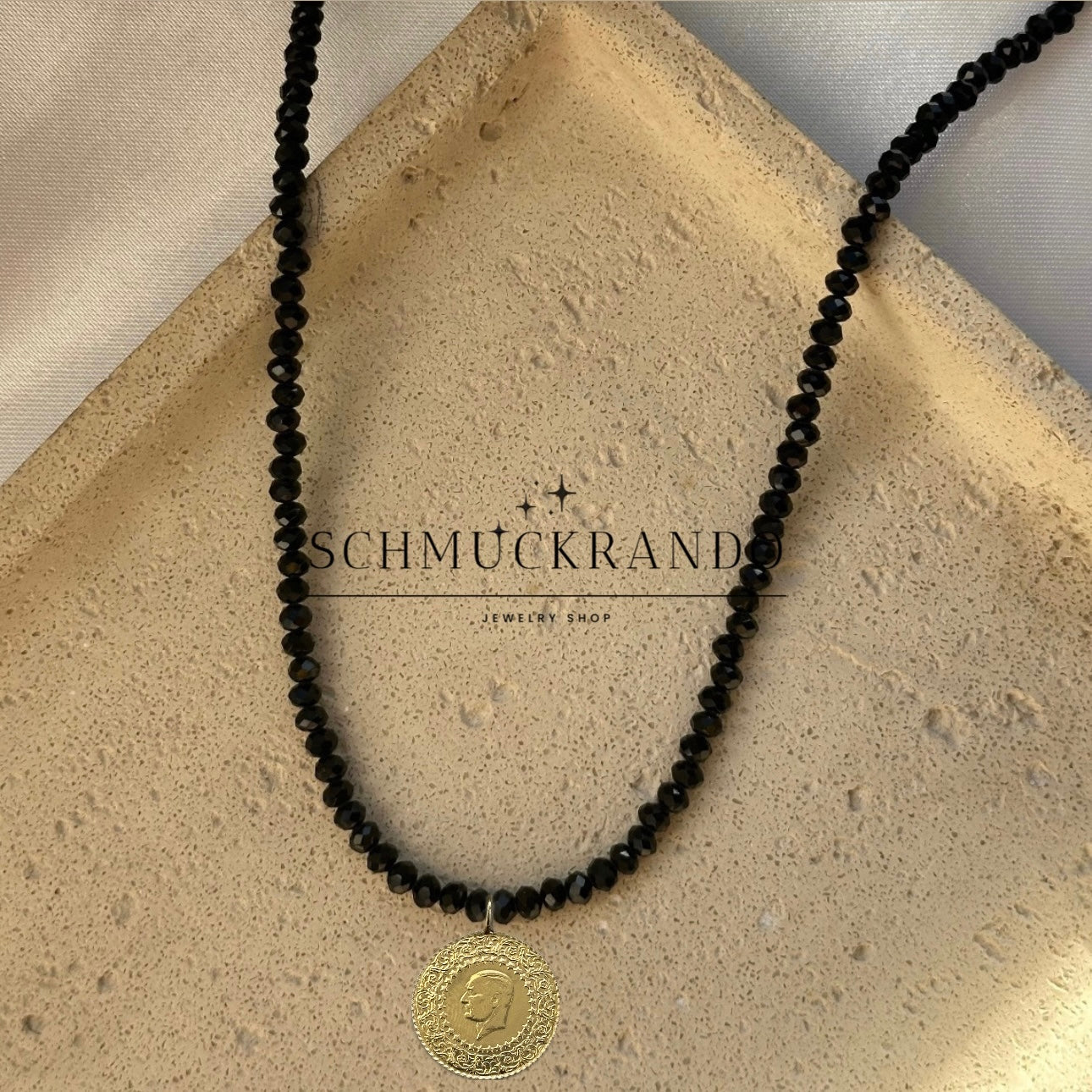 Schwarze Kristalperlen-Kette mit Goldmünze Cumhuriyet Altin Münze 22k Lira, Piaster