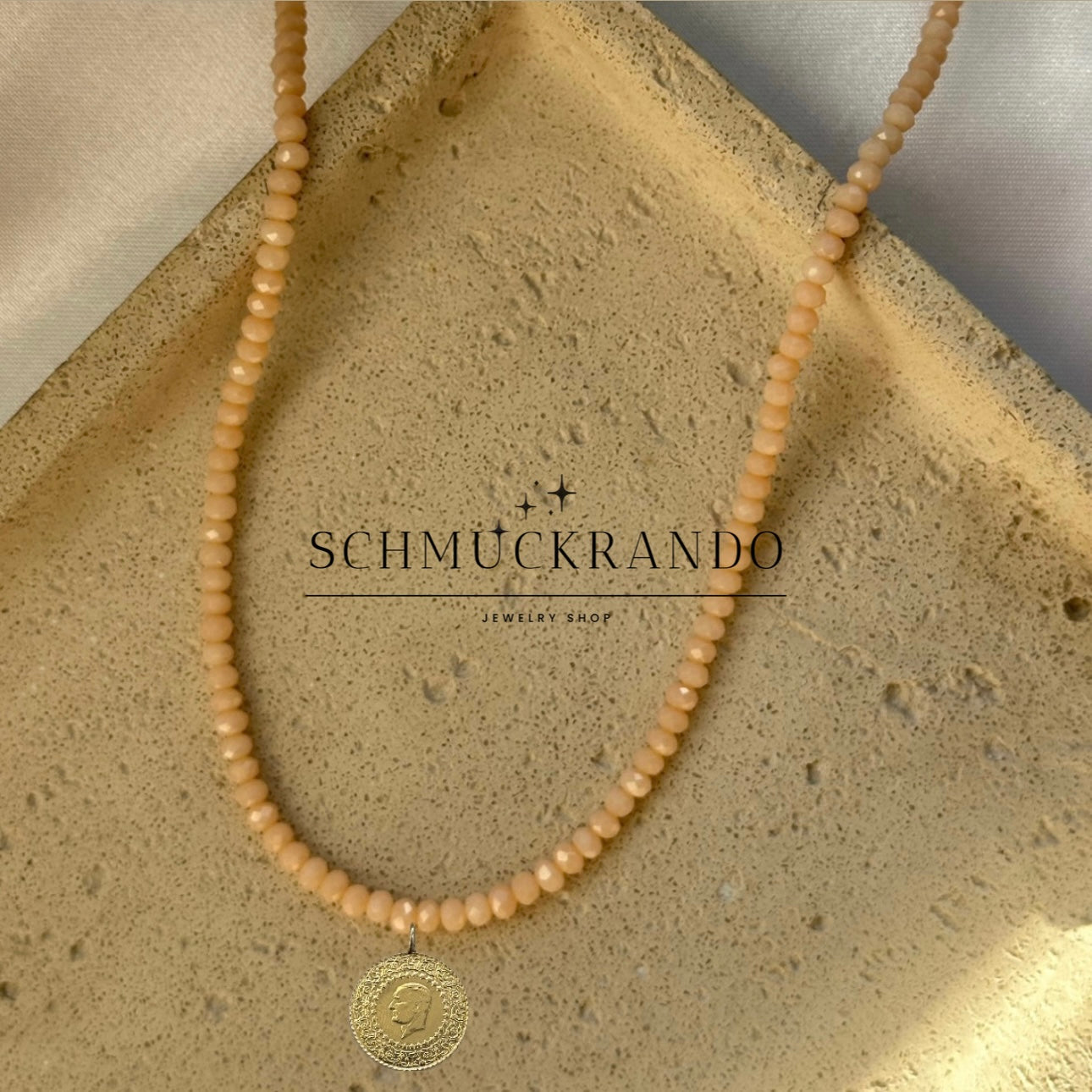 Beige Kristalperlen-Kette mit Goldmünze Cumhuriyet Altin Münze 22k Lira, Piaster