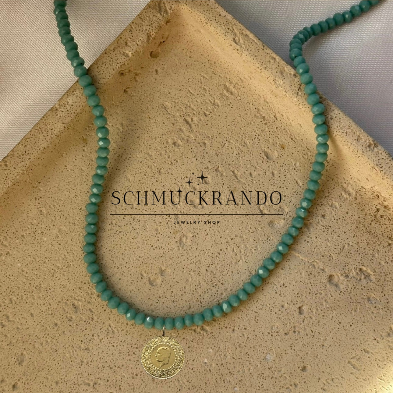Hellblau Kristalperlen-Kette mit Goldmünze Cumhuriyet Altin Münze 22k Lira, Piaster