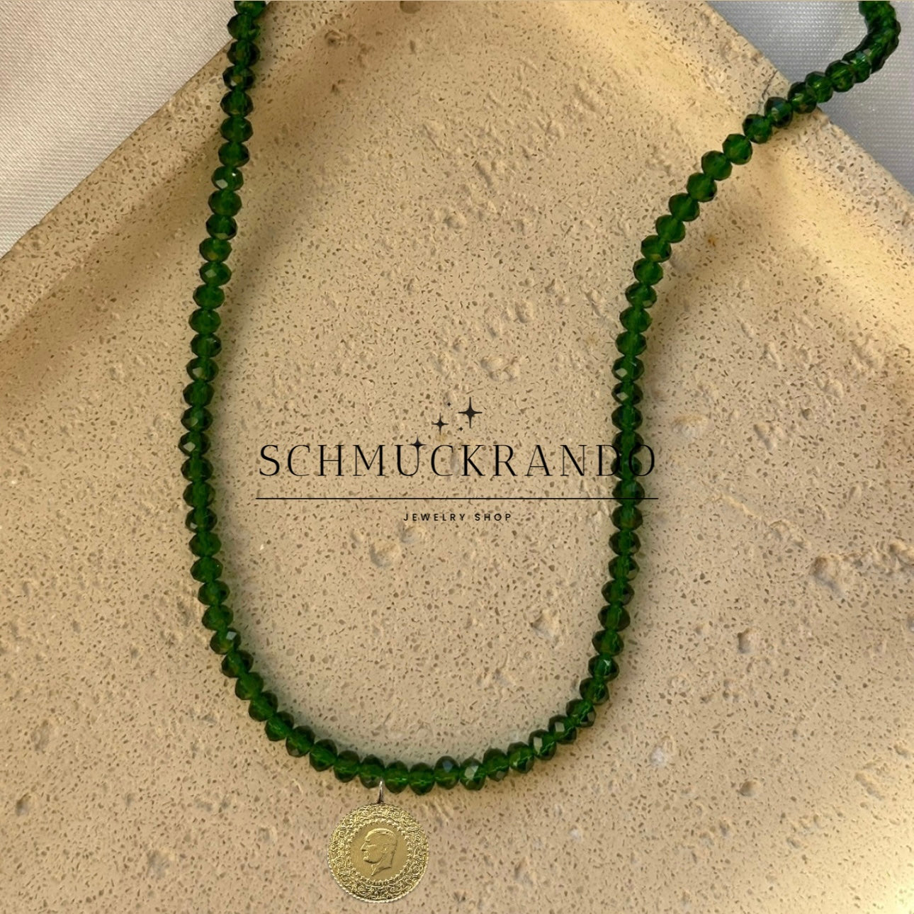 Grüne Kristalperlen-Kette mit Goldmünze Cumhuriyet Altin Münze 22k Lira, Piaster