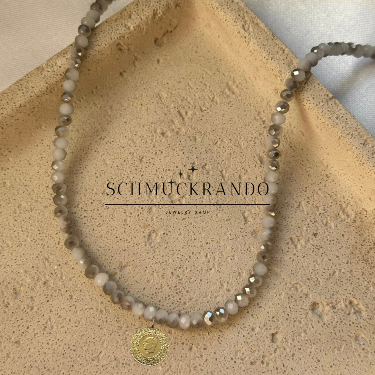 Graue Kristalperlen-Kette mit Goldmünze Cumhuriyet Altin Münze 22k Lira, Piaster