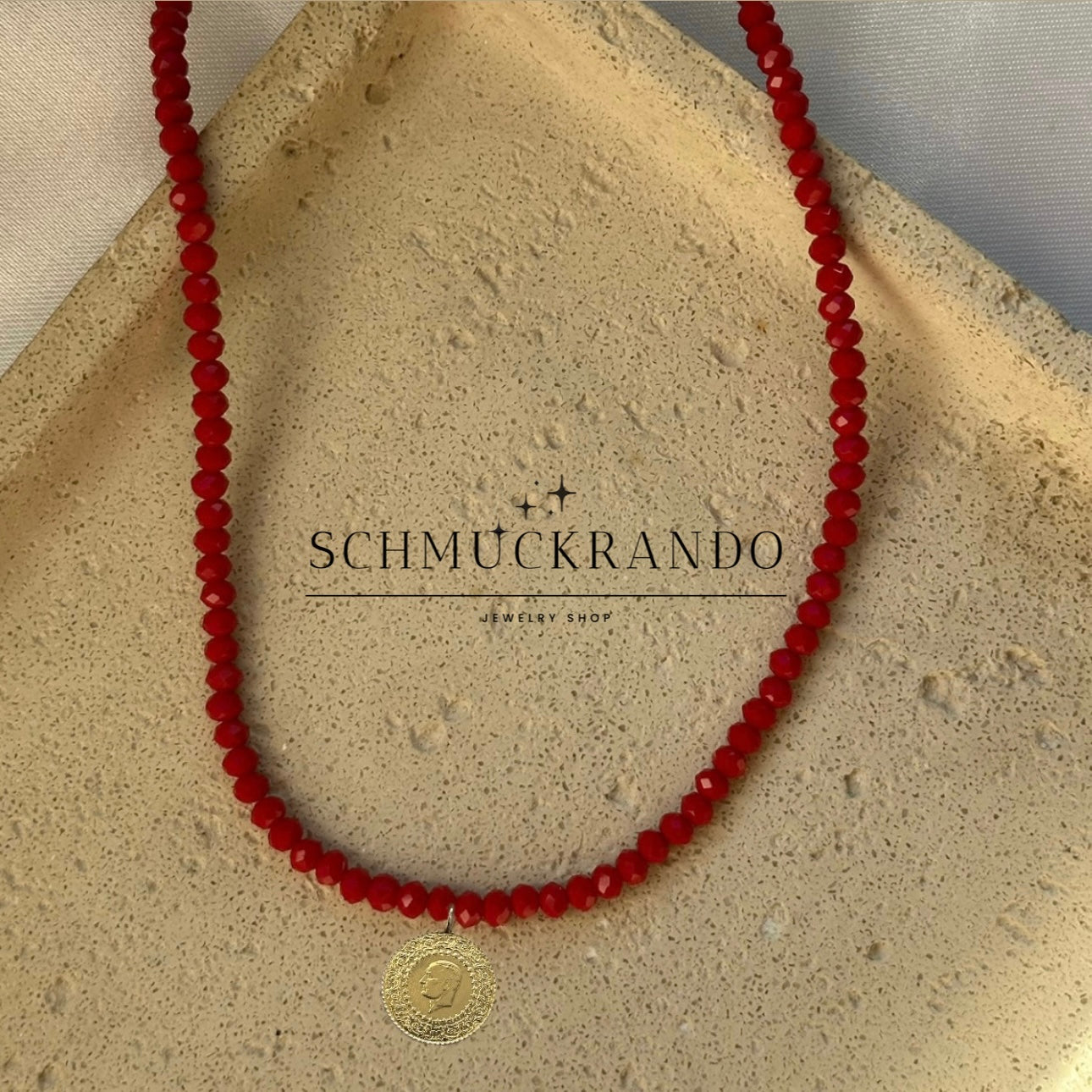 Rote Kristalperlen-Kette mit Goldmünze Cumhuriyet Altin Münze 22k Lira, Piaster