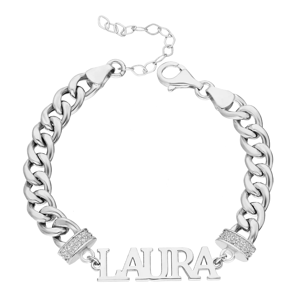 Armband mit Wunschnamen mit Zirkonia Steinen in 925er Silber Panzer