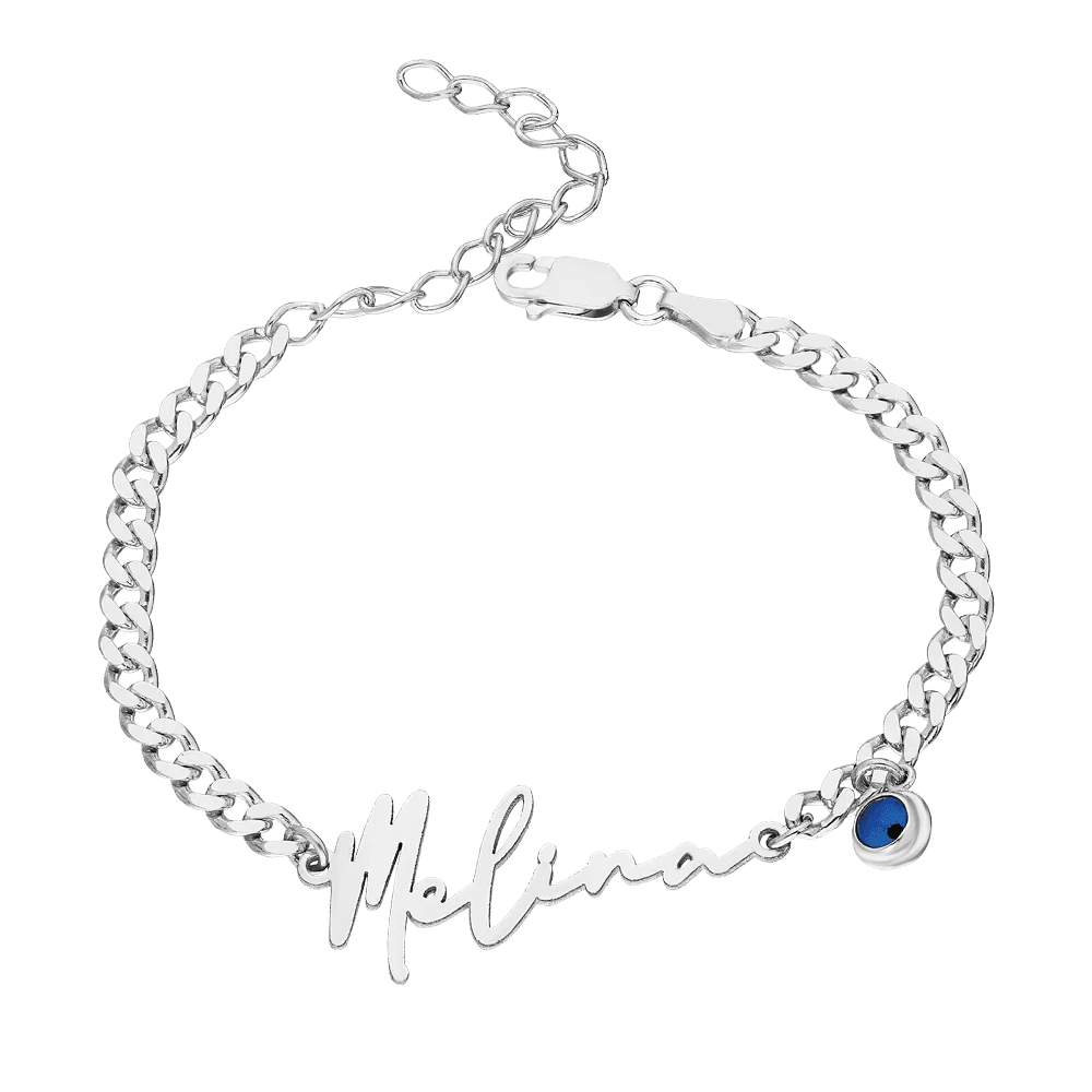 Armband mit Wunschnamen mit Nazar Amulett in 925er Silber Panzer