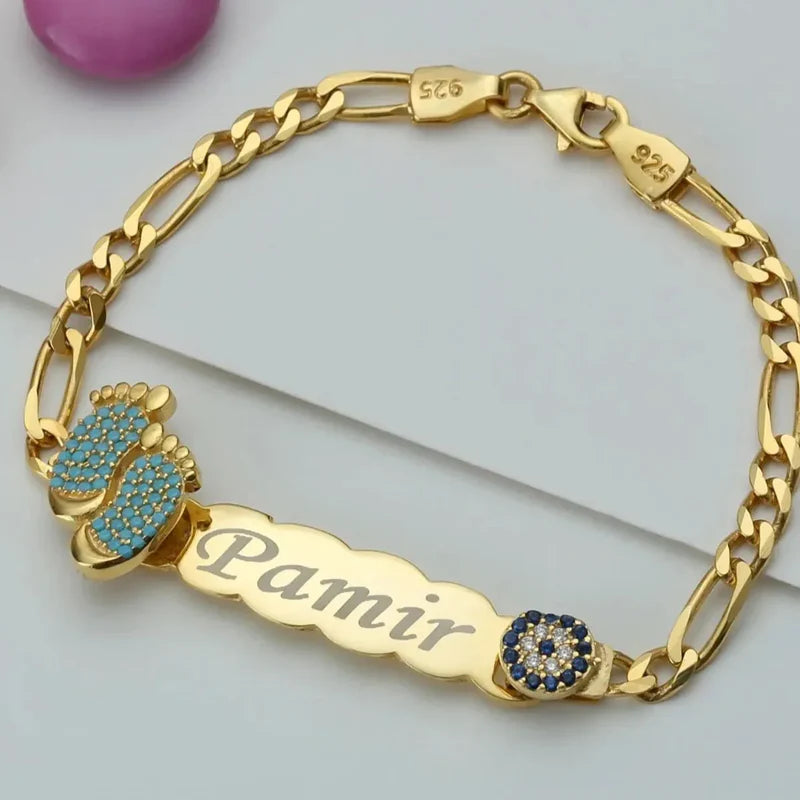 Nazar/Babyfüße ID-Armband Gravurarmband für Kinder Figarokette vergoldet