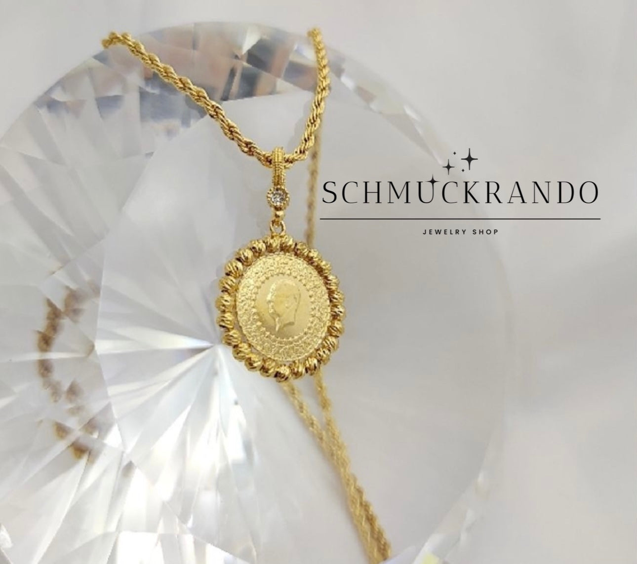 Kordelkette mit Yarim Goldmünze und Dorika Anhänger in 50cm 22k Vergoldet
