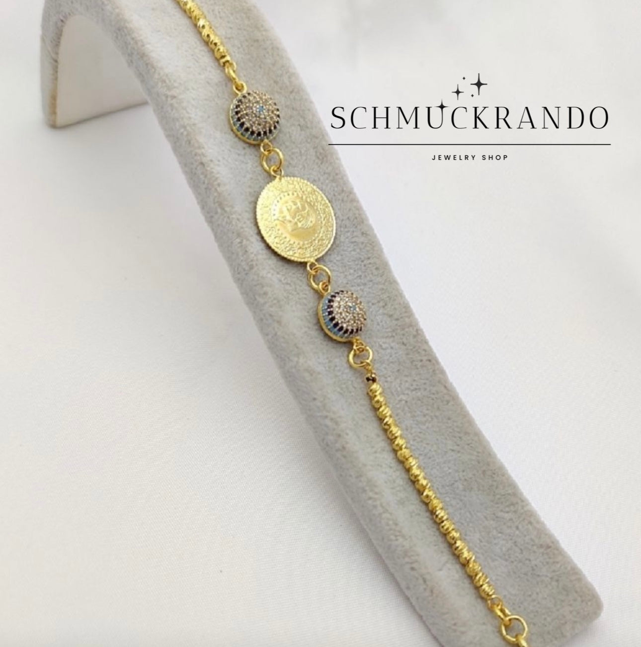 Dorika-Armband mit 22k vergoldete Ceyrek Münze und Nazar Amulett aus Zirkonia Steinen