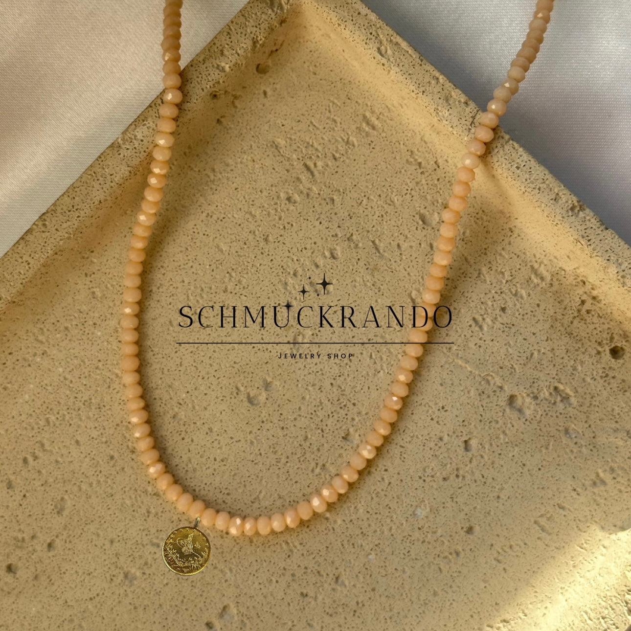 Beige Kristalperlen-Kette mit Resat Münze 22k Lira, Reshadiye
