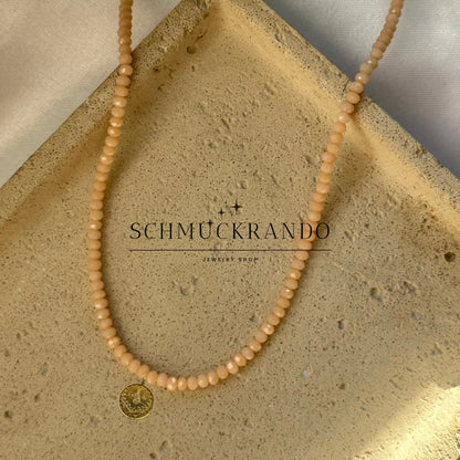 Beige Kristalperlen-Kette mit Resat Münze 22k Lira, Reshadiye